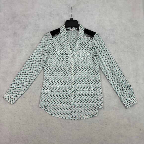 Candie’s XS Geometric Button Blouse Lace Shoulder Long Roll Tab Sleeve Top - Picture 6 of 13